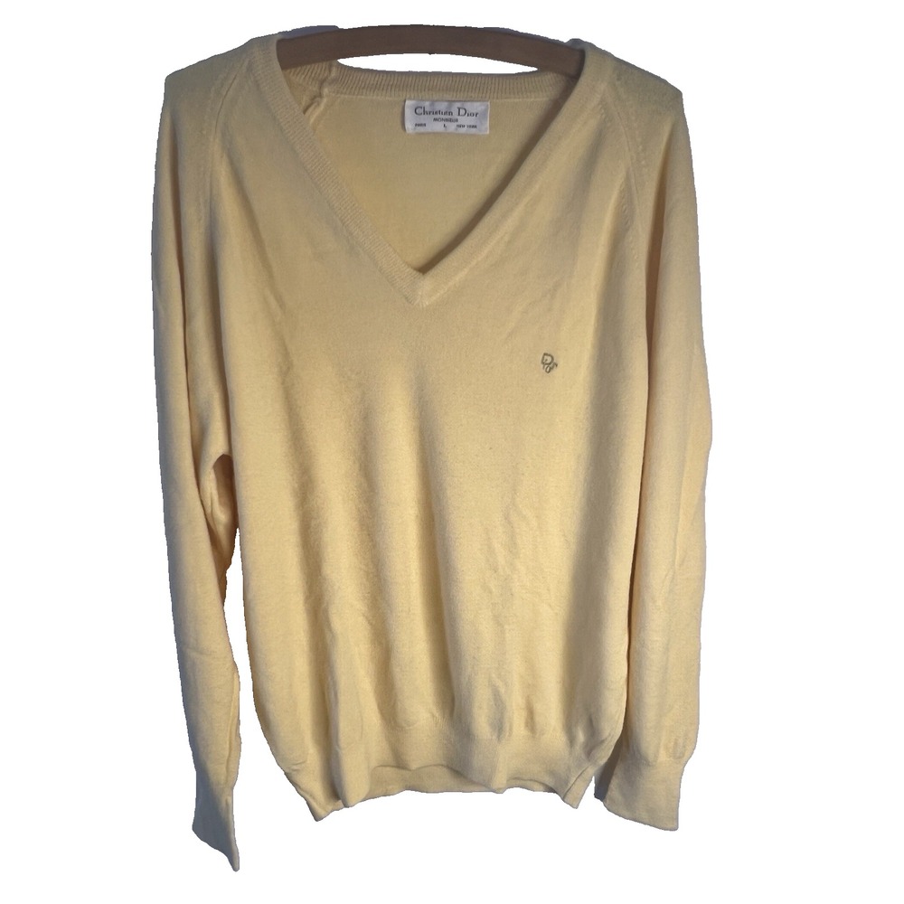 Vtg Christian Dior Soft Butter Yellow V Neck Sweater Men L  Money Preppy Classy